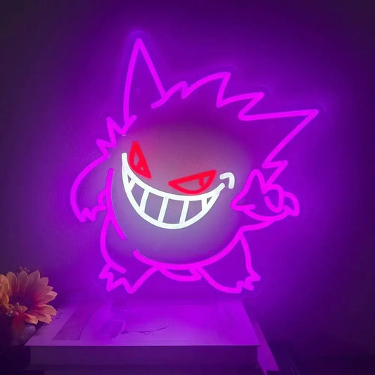 Purple neon sign shaped like pokemon gengar with vibrant purple outline and red eyes usb dimmable led lamp