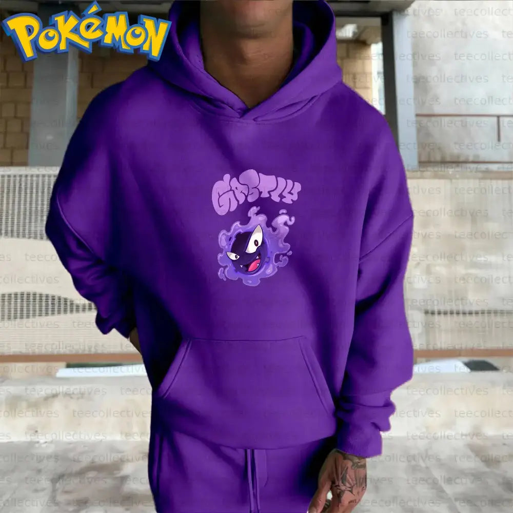 Pokemon gengar oversized hoodie purple cotton pullover with cartoon graphic on chest front view