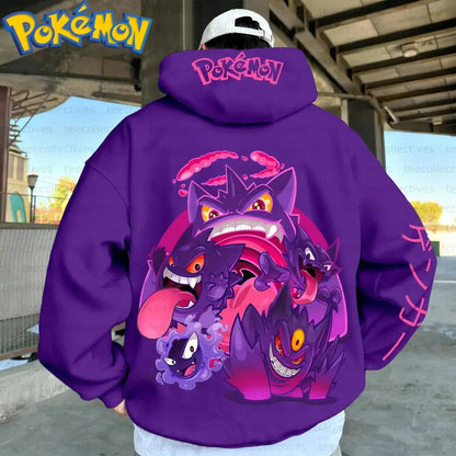 Purple cotton pokemon gengar oversized hoodie showing vibrant full-back print of gengar and variants with glowing eyes