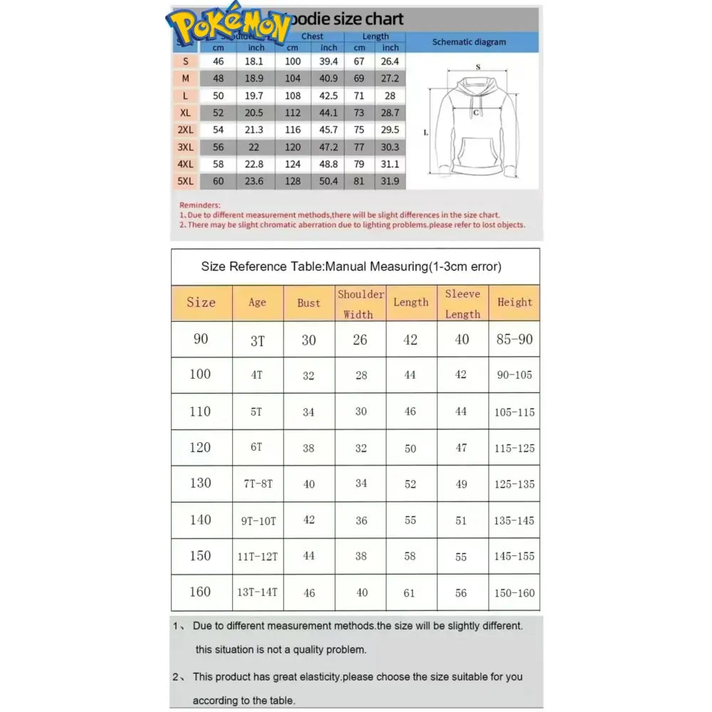 Pokemon gengar oversized hoodie purple cotton pullover size chart with detailed measurements and sizing reference table