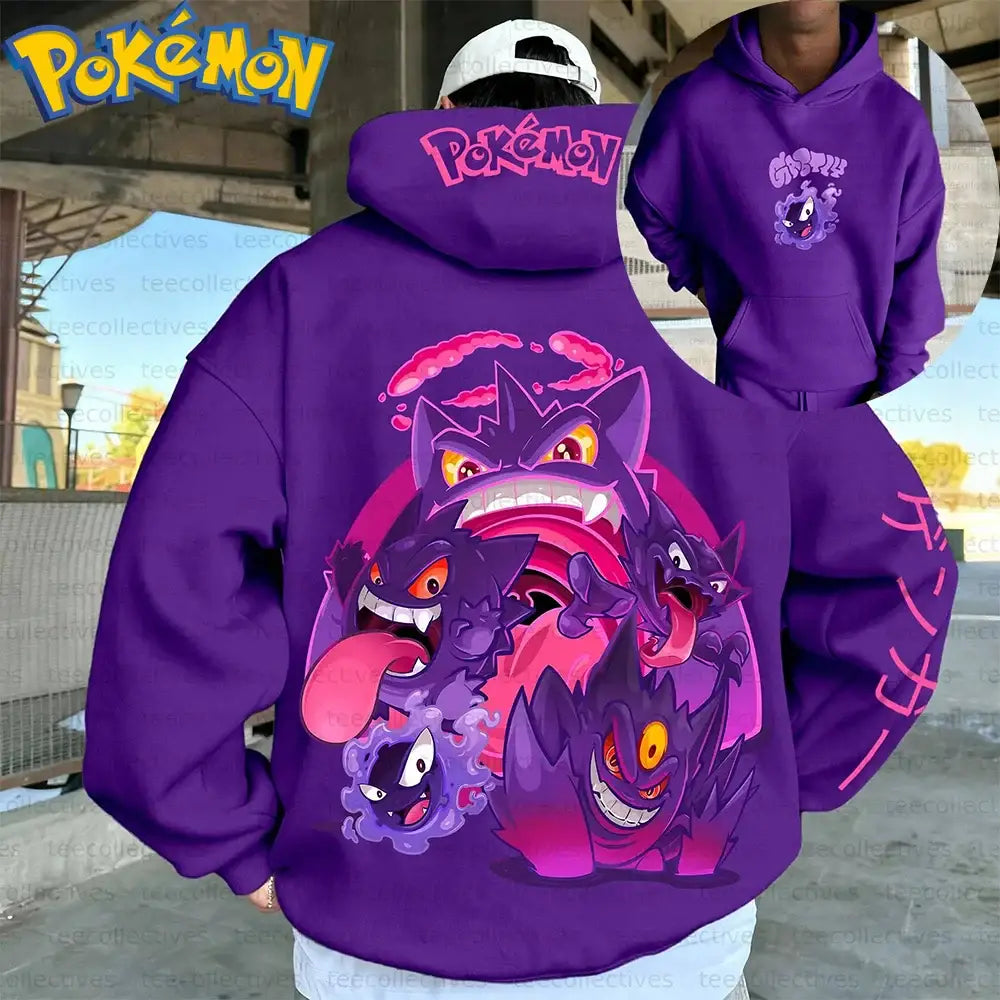 Pokemon gengar oversized hoodie purple cotton pullover with vibrant pink and black graphic design front view