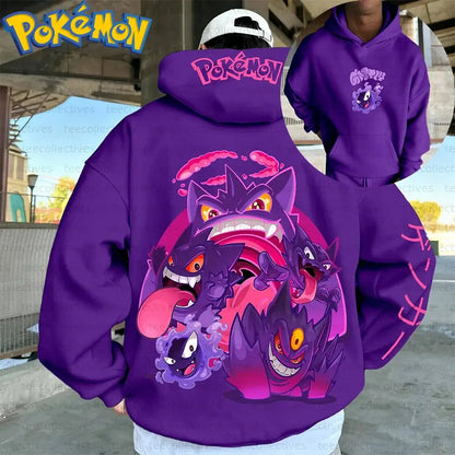 Pokemon gengar oversized hoodie purple cotton pullover with vibrant pink and black graphic design front view