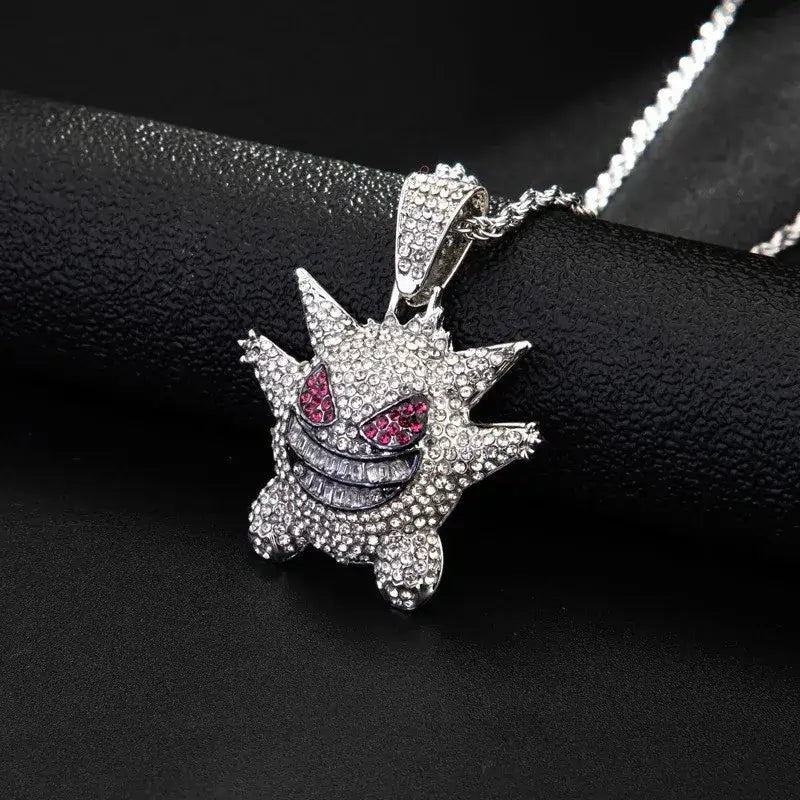 A sparkling silver gengar pendant necklace with clear and pink rhinestones in hip hop style design