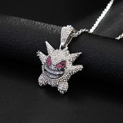 A sparkling silver gengar pendant necklace with clear and pink rhinestones in hip hop style design