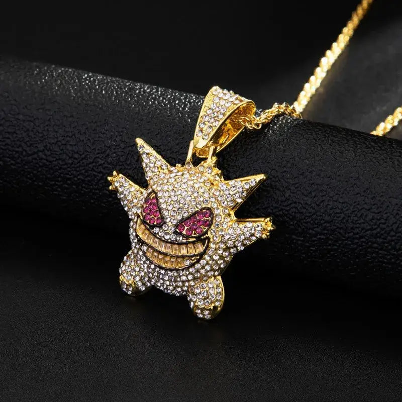 Gold-colored gengar pendant necklace adorned with clear and pink rhinestones in hip hop style design