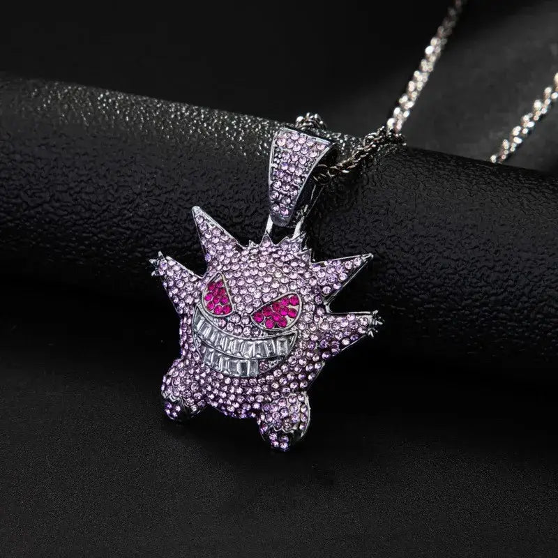 Purple and pink gengar pendant necklace with rhinestones and silver chain in hip hop style pendant necklace design