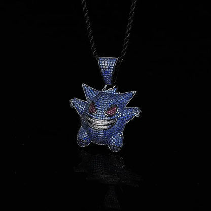 Blue and red gemstone-encrusted gengar pendant necklace on black chain hip hop style pendant necklace