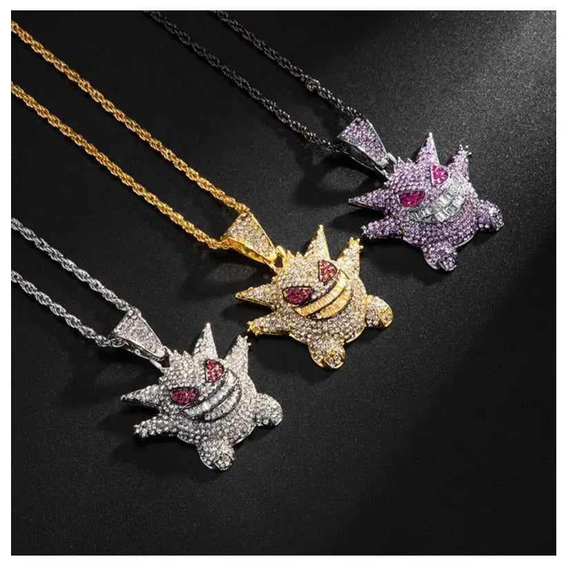 Three sparkling gengar pendant necklaces with red gemstone eyes and clear crystal grins in silver gold and purple hip hop style
