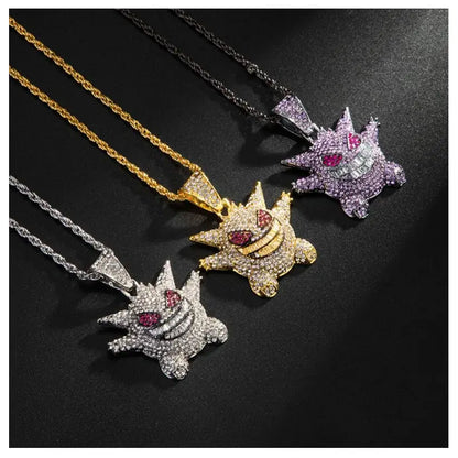 Three sparkling gengar pendant necklaces with red gemstone eyes and clear crystal grins in silver gold and purple hip hop style