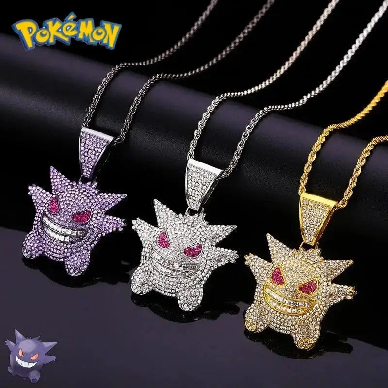 Pokemon gengar pendant necklace in hip hop style featuring three sparkling purple, silver, and gold ice cube pendants with red eyes