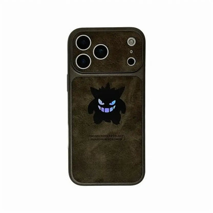 Dark brown phone case with laser leather texture featuring a glowing black Gengar with blue eyes and teeth on back side