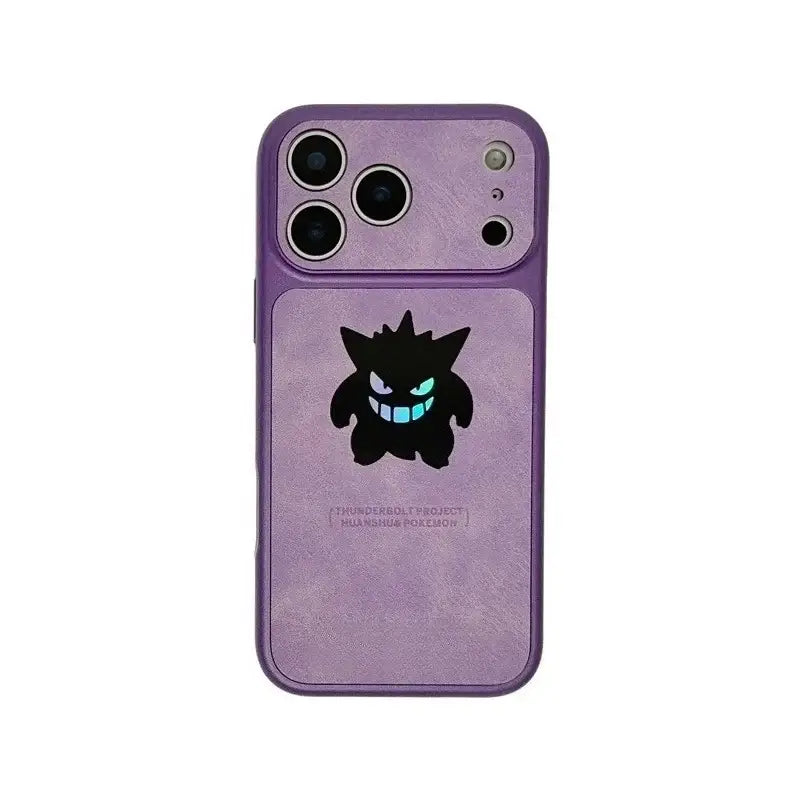 Purple textured phone case with laser leather texture featuring black gengar with glowing blue eyes on back side