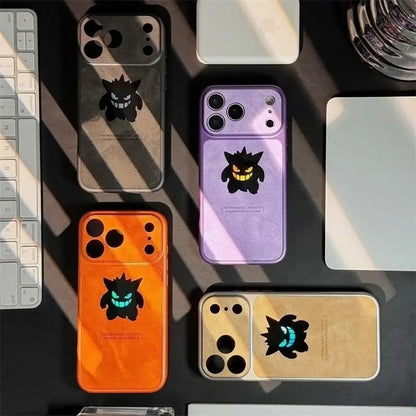 Four phone cases with black gengar and glowing blue eyes in matte gray, lavender, orange, and gold laser leather texture backs