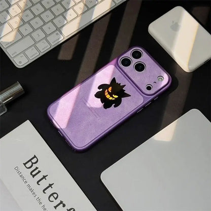 Purple holographic phone case with black Gengar sticker and glowing yellow eyes featuring laser leather texture back