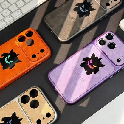 Vibrant orange and purple phone case with black gengar design and glowing eyes featuring laser leather texture back side