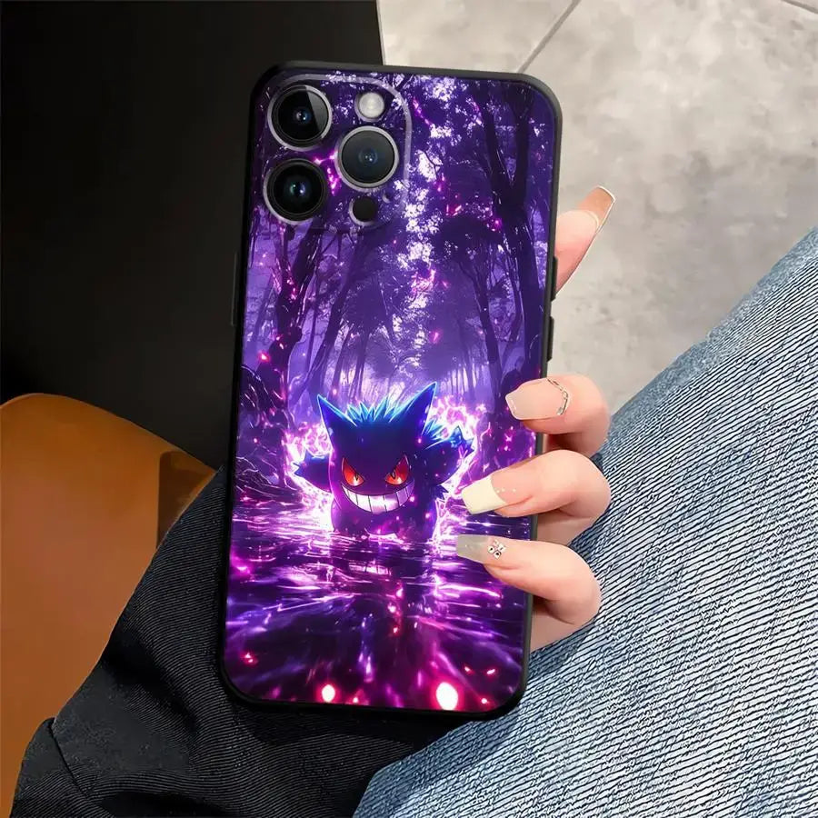 Back side of a vibrant purple and black pokemon gengar phone case with glowing electric design tpu protective cover