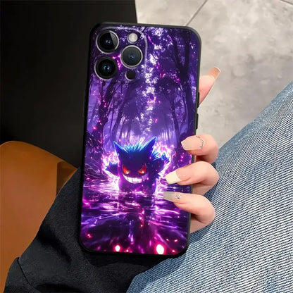 Back side of a vibrant purple and black gengar phone case with glowing electric effects tpu protective cover