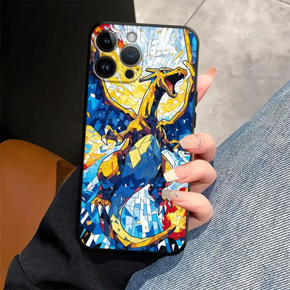 Back side of a pokemon gengar phone case tpu protective cover with a vibrant yellow and blue dragon mosaic design