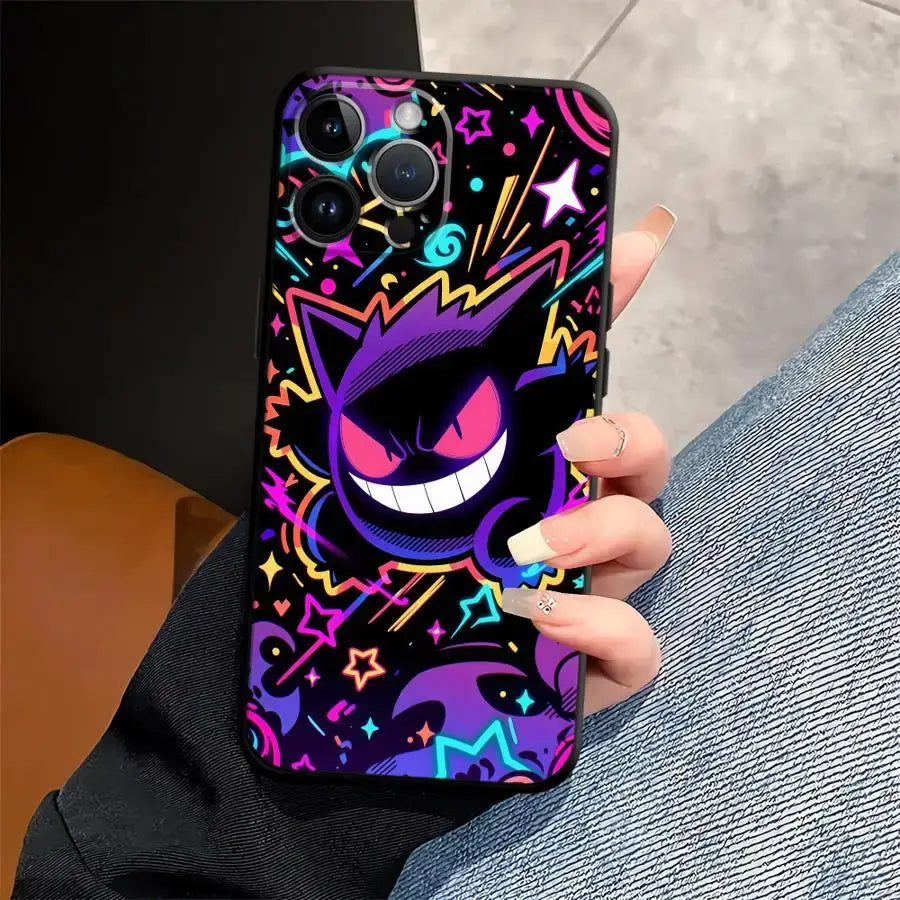 Vibrant neon pokemon gengar phone case with glowing eyes and stars on black tpu protective cover back side view