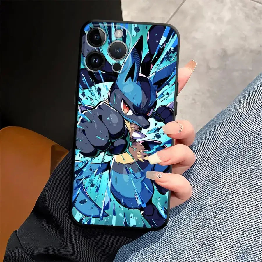Pokemon gengar phone case tpu protective cover featuring vibrant blue and black lucario with glowing cyan energy effects