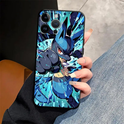 Pokemon gengar phone case tpu protective cover featuring vibrant blue and black lucario with glowing cyan energy effects