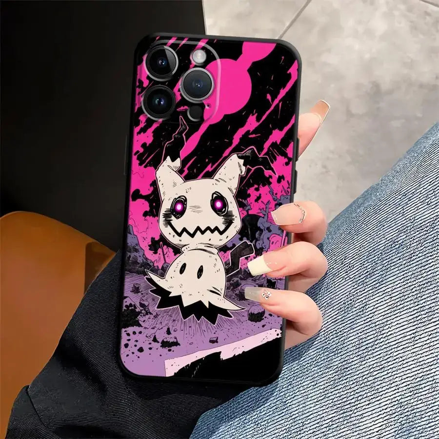 Black pokemon gengar phone case with vibrant pink purple splatter and white ghost character tpu protective cover back view