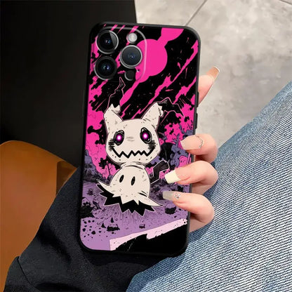 Black pokemon gengar phone case with vibrant pink purple splatter and white ghost character tpu protective cover back view