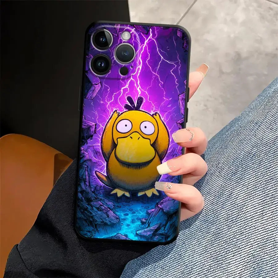 Pokemon gengar phone case with vibrant purple and blue lightning design and yellow cartoon pokémon on tpu protective cover