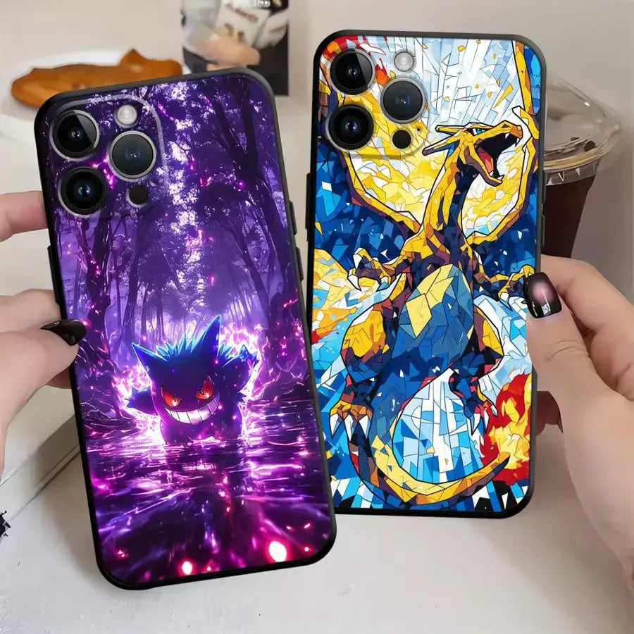 Two vibrant pokemon gengar phone cases with purple black design and tpu protective cover shown from the back side