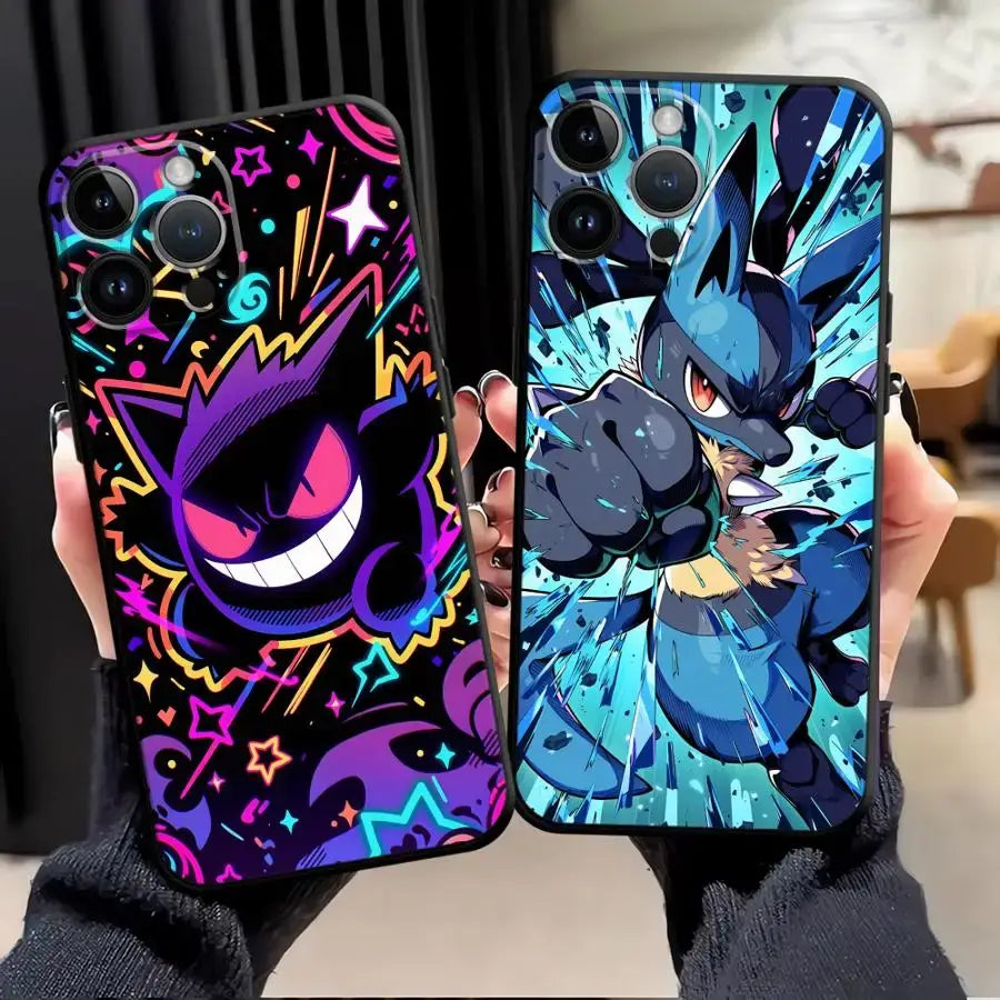 Two vibrant tpu protective cover phone cases featuring pokemon gengar with neon stars and lucario in action pose