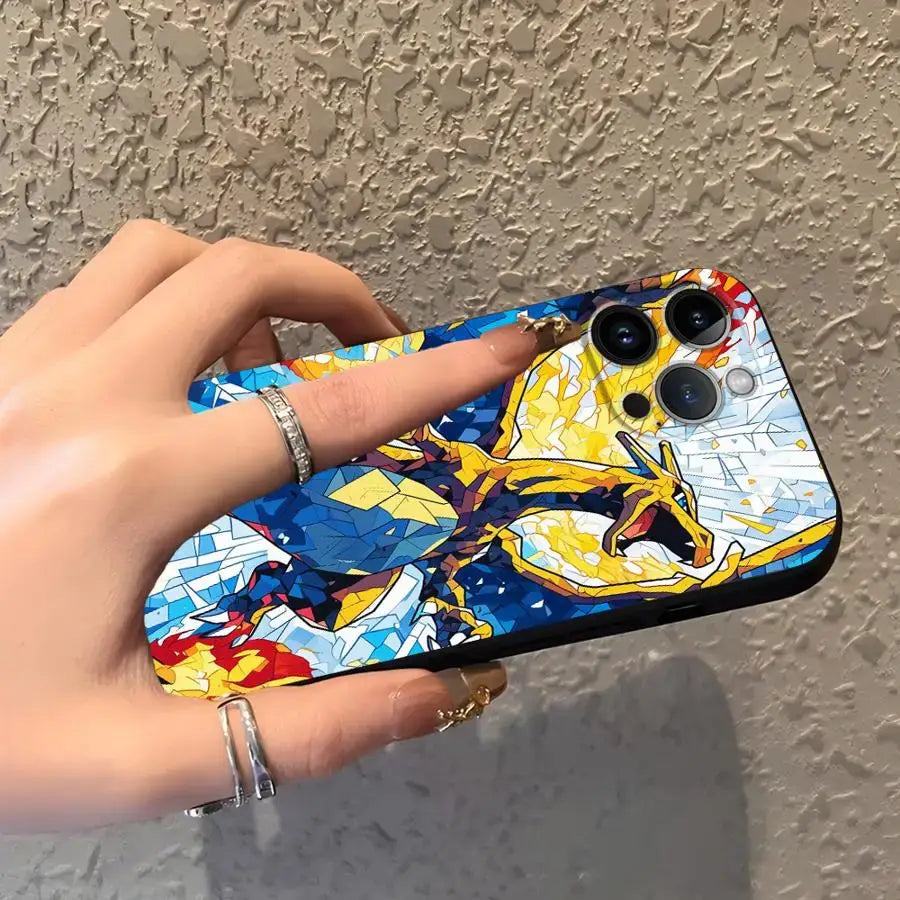 Vibrant geometrically stylized mosaic charizard back of pokemon gengar phone case in bold yellow blue with red accents tpu protective cover