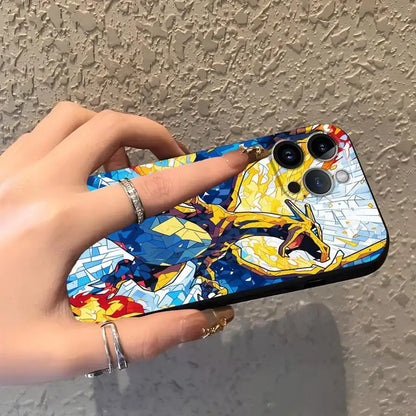 Vibrant geometrically stylized mosaic charizard back of pokemon gengar phone case in bold yellow blue with red accents tpu protective cover