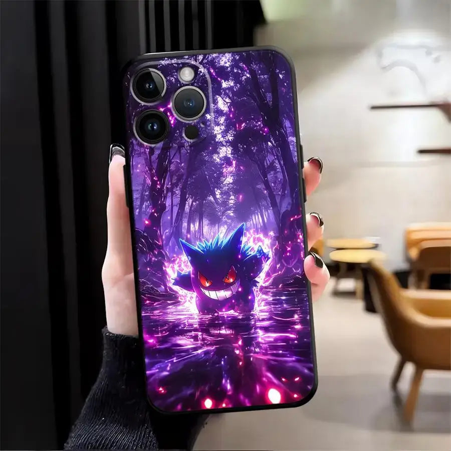 Pokemon gengar phone case tpu protective cover in vibrant purple and black with glowing gengar design and red eyes back side view