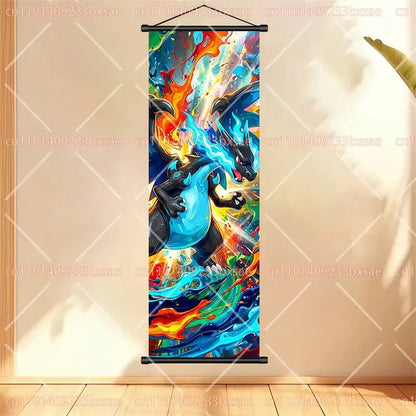 Vibrant charizard-themed canvas scroll painting with dynamic blue orange and yellow flames for anime wall art pokemon gengar fans