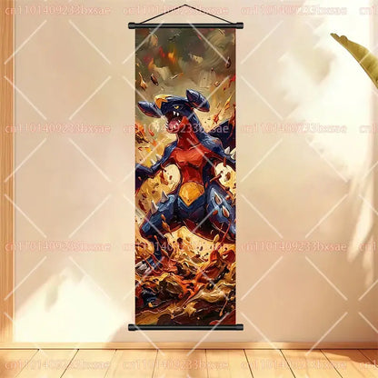 Pokemon gengar scroll painting anime wall art featuring vibrant mega blastoise in action with explosive background
