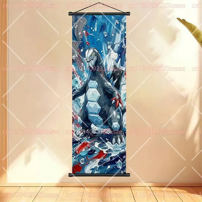 Pokemon gengar scroll painting anime wall art featuring kyogre in blue and black scales with crashing waves background