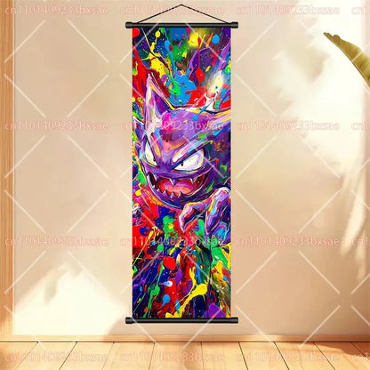 Vibrant pokemon gengar scroll painting with bold rainbow splashes and purple monster design anime wall art