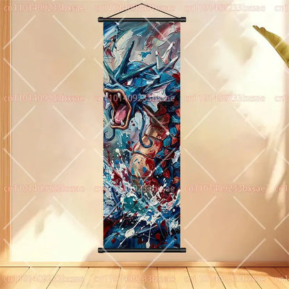 Vibrant scroll painting featuring dragonite in bold blues and reds as anime wall art in the pokemon gengar collection