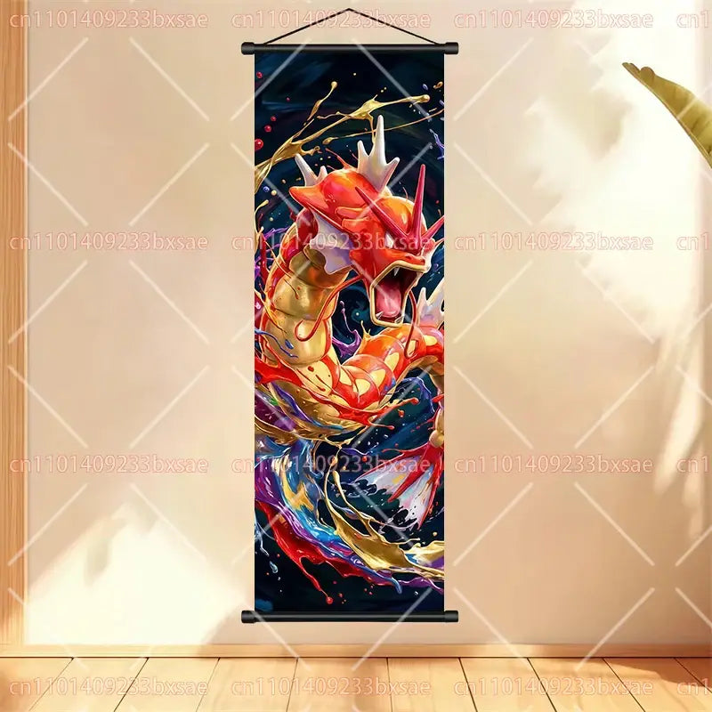 Pokemon gengar scroll painting anime wall art featuring vibrant red and gold dragonite design with dynamic splash effects on dark background