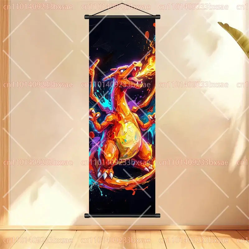 Pokemon gengar scroll painting anime wall art featuring vibrant orange and yellow charizard flames on black background