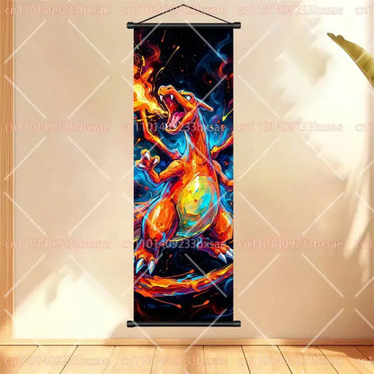 Pokemon gengar scroll painting anime wall art featuring vibrant orange and yellow charizard-themed flame design on dark background