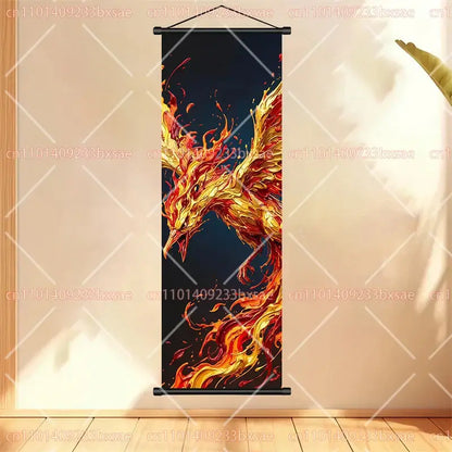 Pokemon gengar scroll painting anime wall art featuring a vibrant golden phoenix on a deep black tapestry background