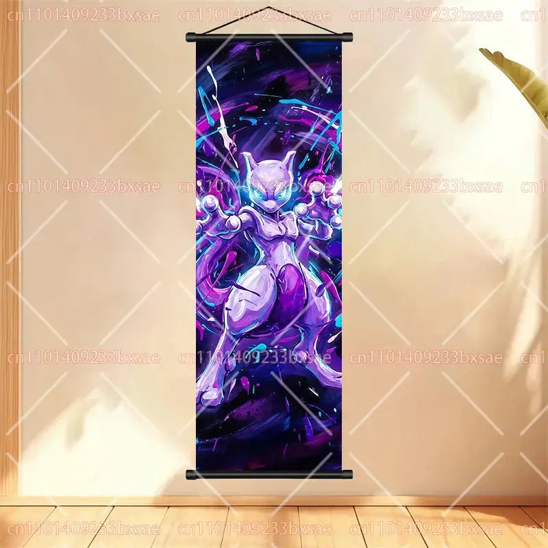 Pokemon gengar scroll painting anime wall art features a vibrant purple and blue glowing dynamic design