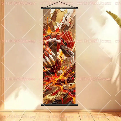 Pokemon gengar scroll painting anime wall art with vibrant red and gold moltres design framed by black metal rods