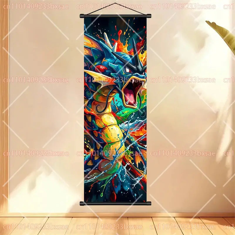 Pokemon gengar scroll painting featuring vibrant blue and yellow dragon with fiery orange and green splashes anime wall art