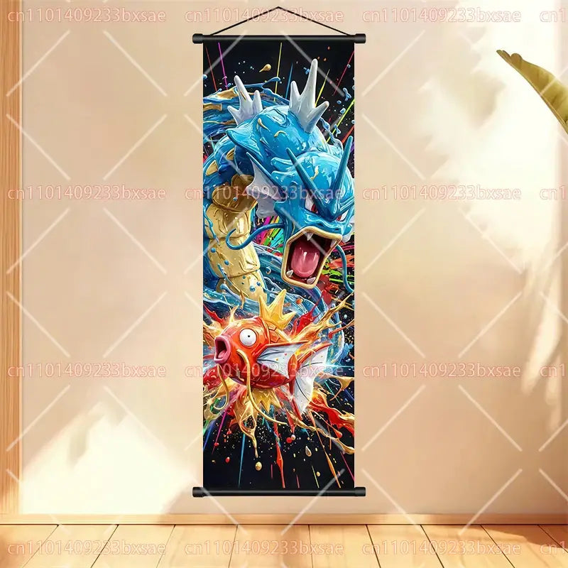 Vibrant blue and gold pokemon gengar scroll painting anime wall art featuring dynamic gyarados and magikarp illustration