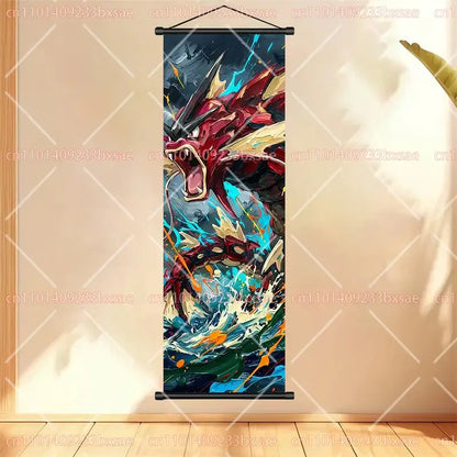 Vibrant red and gold dragon-themed pokemon gengar scroll painting anime wall art hanging canvas scroll