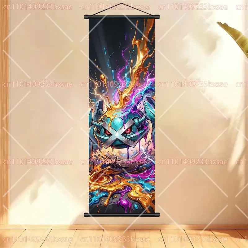 Vibrant pokemon gengar scroll painting with fiery energy effects in orange purple and blue anime wall art tapestry