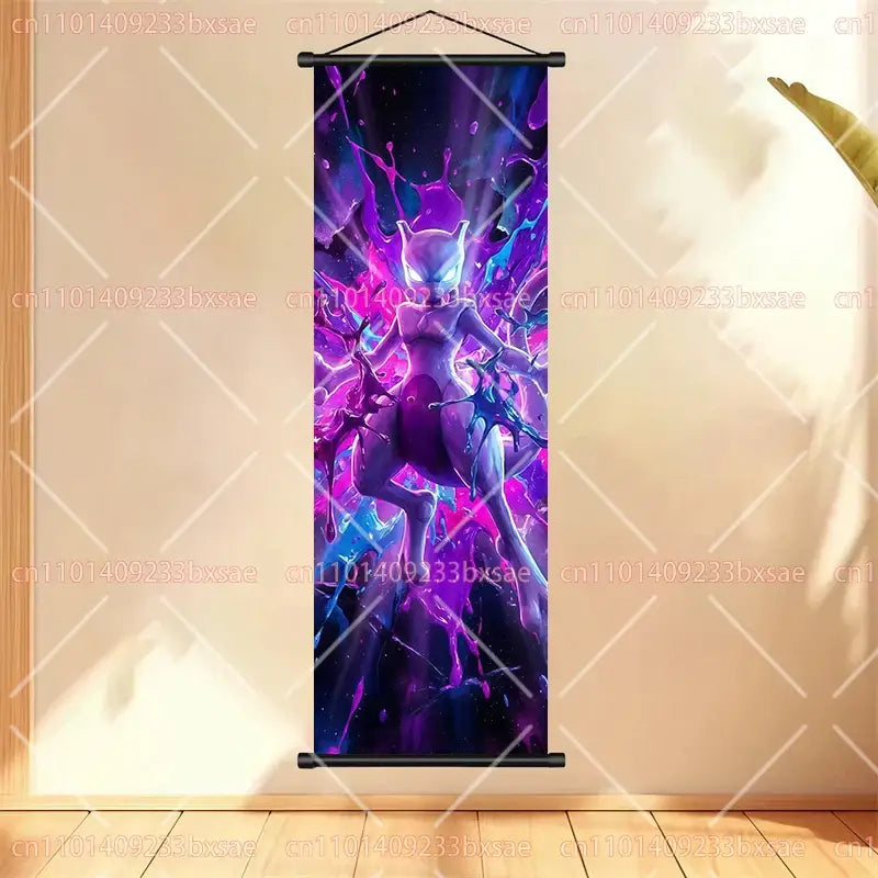 Pokemon gengar scroll painting anime wall art featuring vibrant purple and blue mewtwo-themed dynamic glowing design