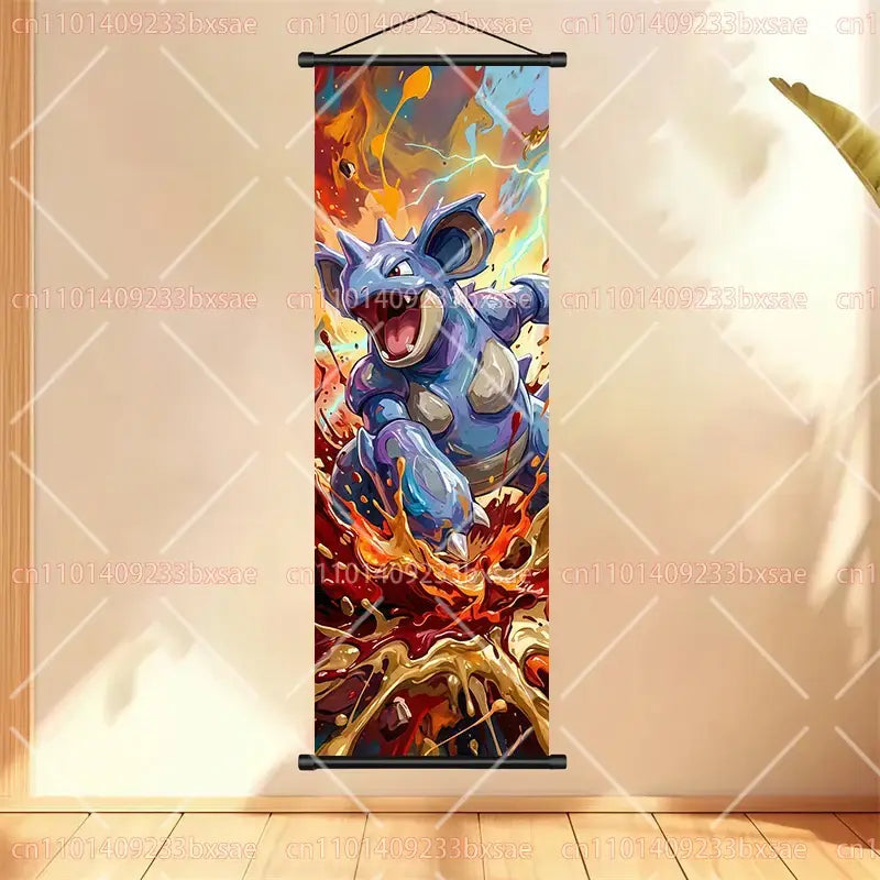 Pokemon gengar scroll painting featuring vibrant blue and gray anime wall art with dynamic fiery design hanging on wall